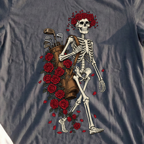 Skeleton Caddie Tee, print close-up on Dark Heather
