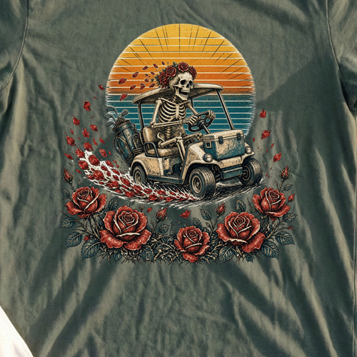 Skeleton Golf Cart Tee, print close-up on Military Green