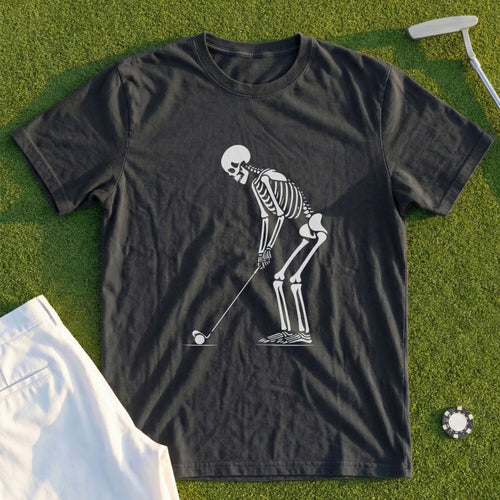 Skeleton playing golf on a dark t-shirt.