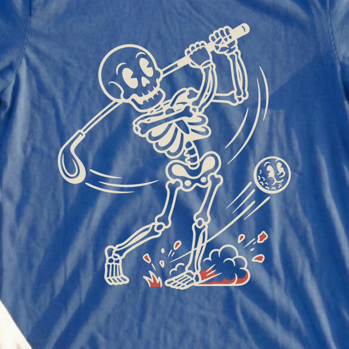 Skeleton Swing Line Tee, print close-up on Royal