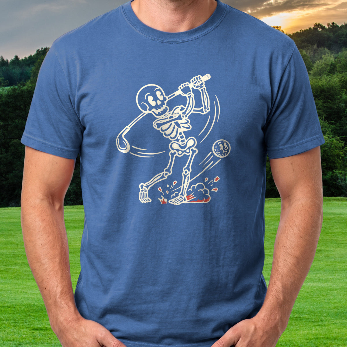 Skeleton Swing Line Tee worn on the golf course, Royal