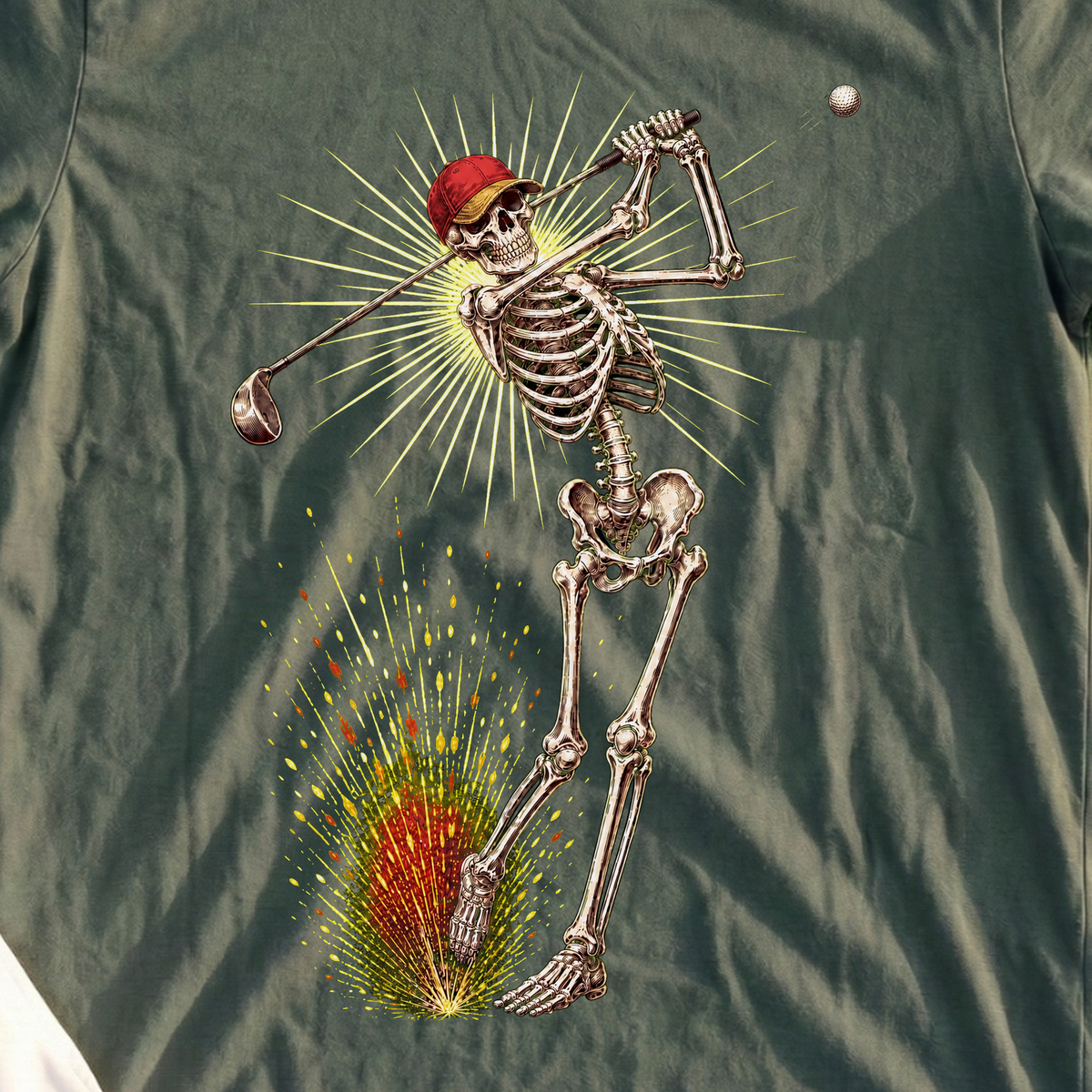 Skeleton Swing Sunburst Tee, print close-up on Military Green