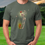 Skeleton Swing Sunburst Tee worn on the golf course, Military Green