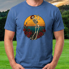 Skeleton Swing Sunset Tee worn on the golf course, Royal
