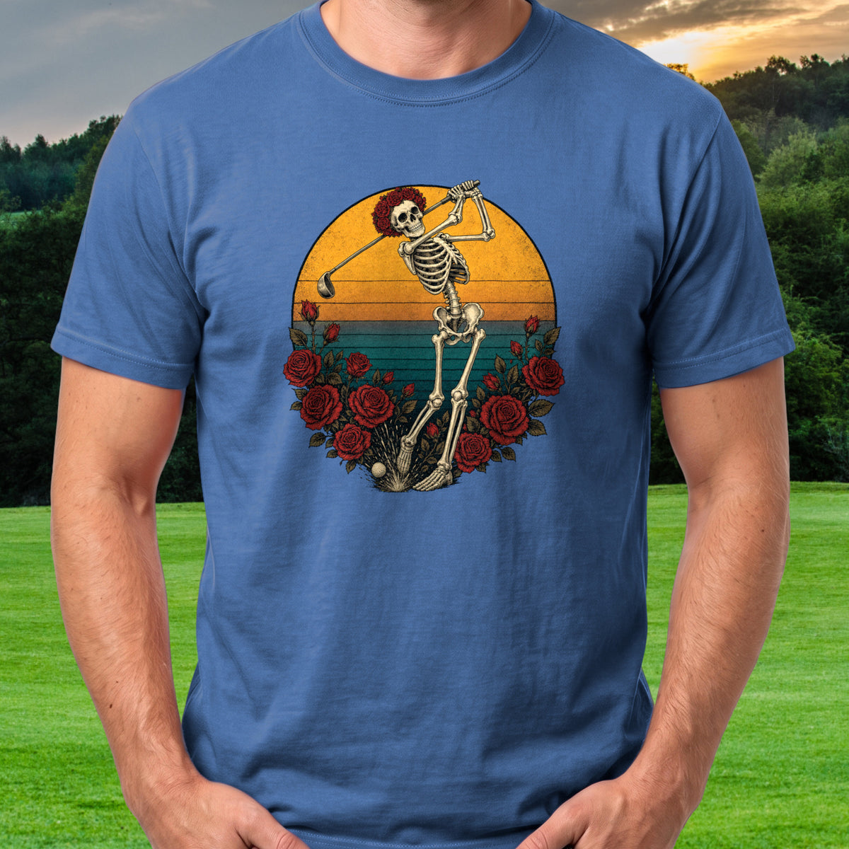 Skeleton Swing Sunset Tee worn on the golf course, Royal