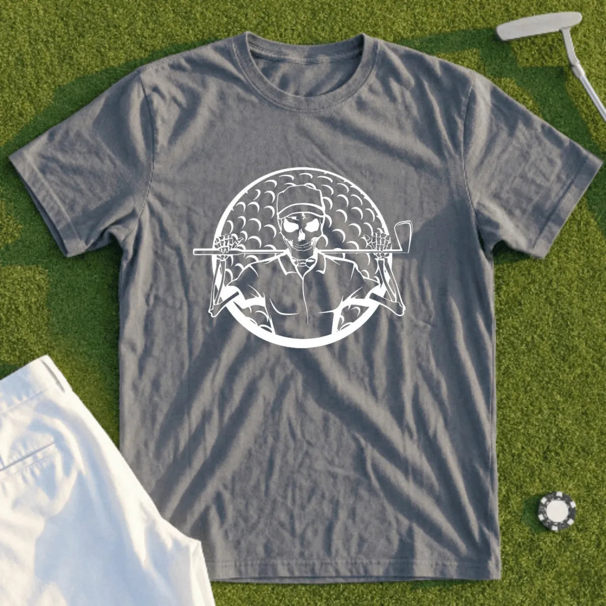 Skeleton golfer in circle graphic on gray t-shirt with golf items.