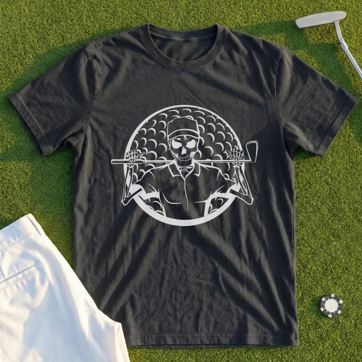 Dark t-shirt with a skeleton golfer graphic holding a club.