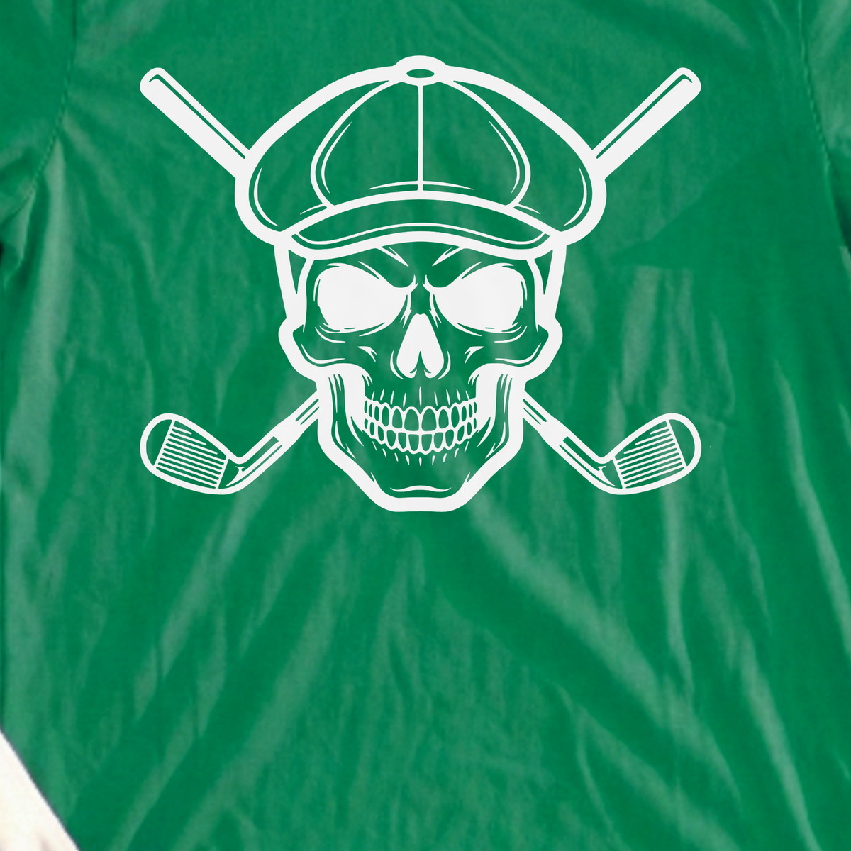 Skull & Cross Clubs Tee, print close-up on Irish Green