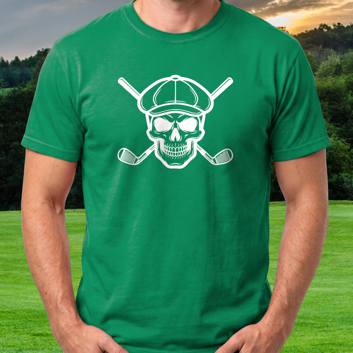 Skull & Cross Clubs Tee worn on the golf course, Irish Green