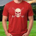 Skull & Crossed Clubs, Two-Tone Vintage Tee worn on the golf course, Red