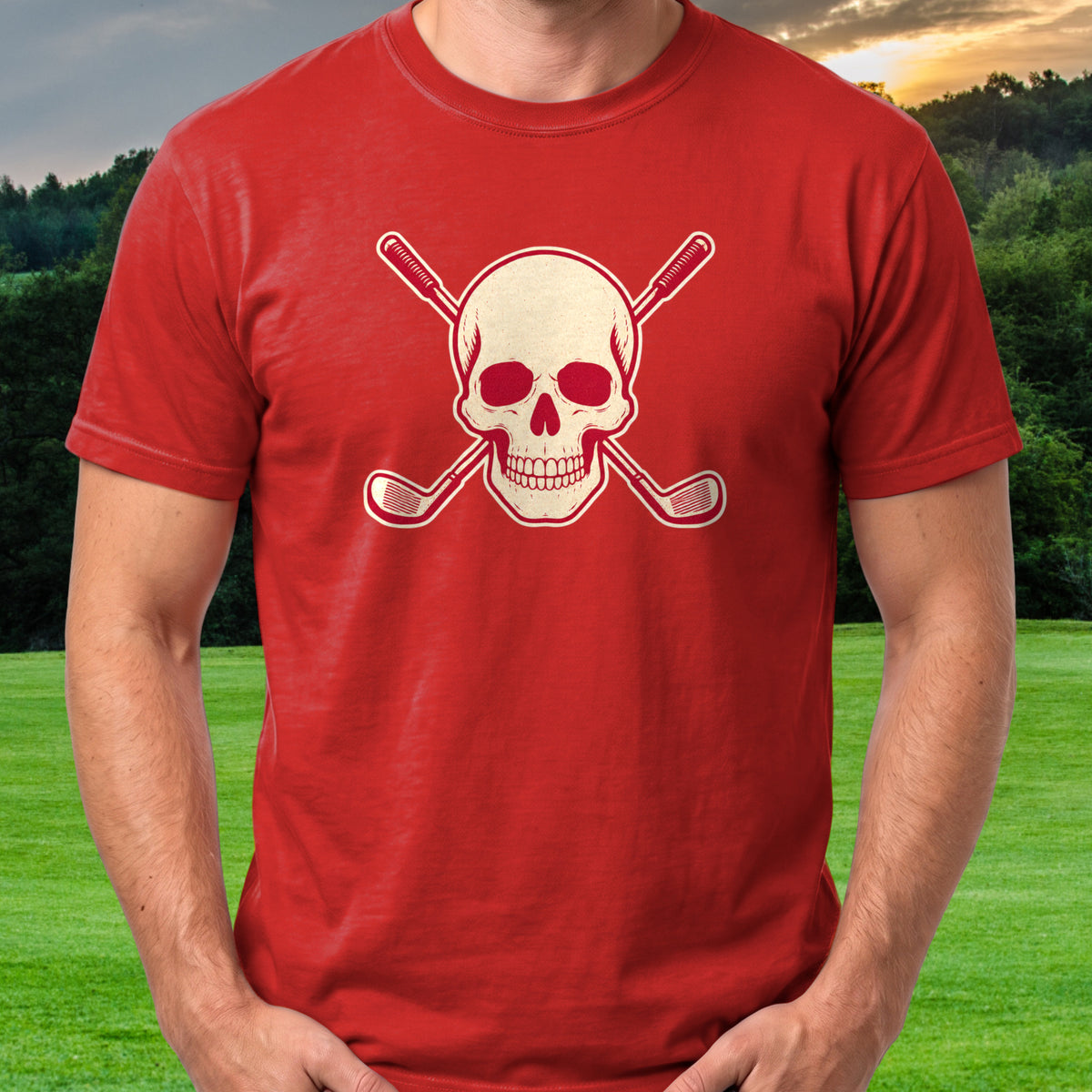 Skull & Crossed Clubs, Two-Tone Vintage Tee worn on the golf course, Red