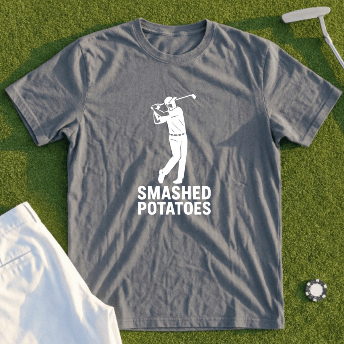Gray t-shirt with "SMASHED POTATOES" text and a golfer graphic.