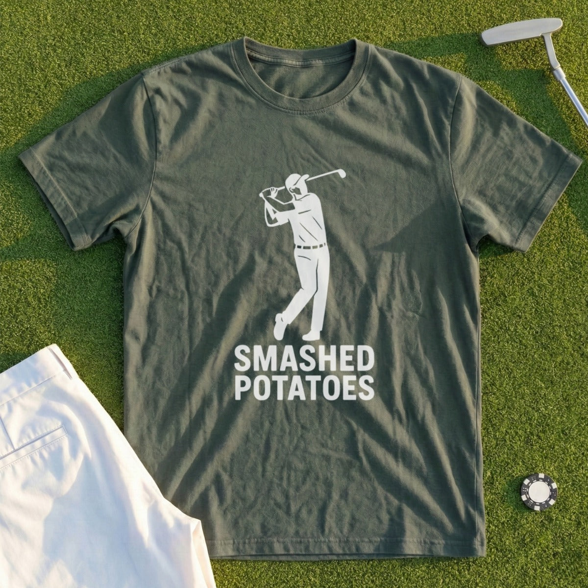 Green t-shirt with "SMASHED POTATOES" and a golfer graphic.