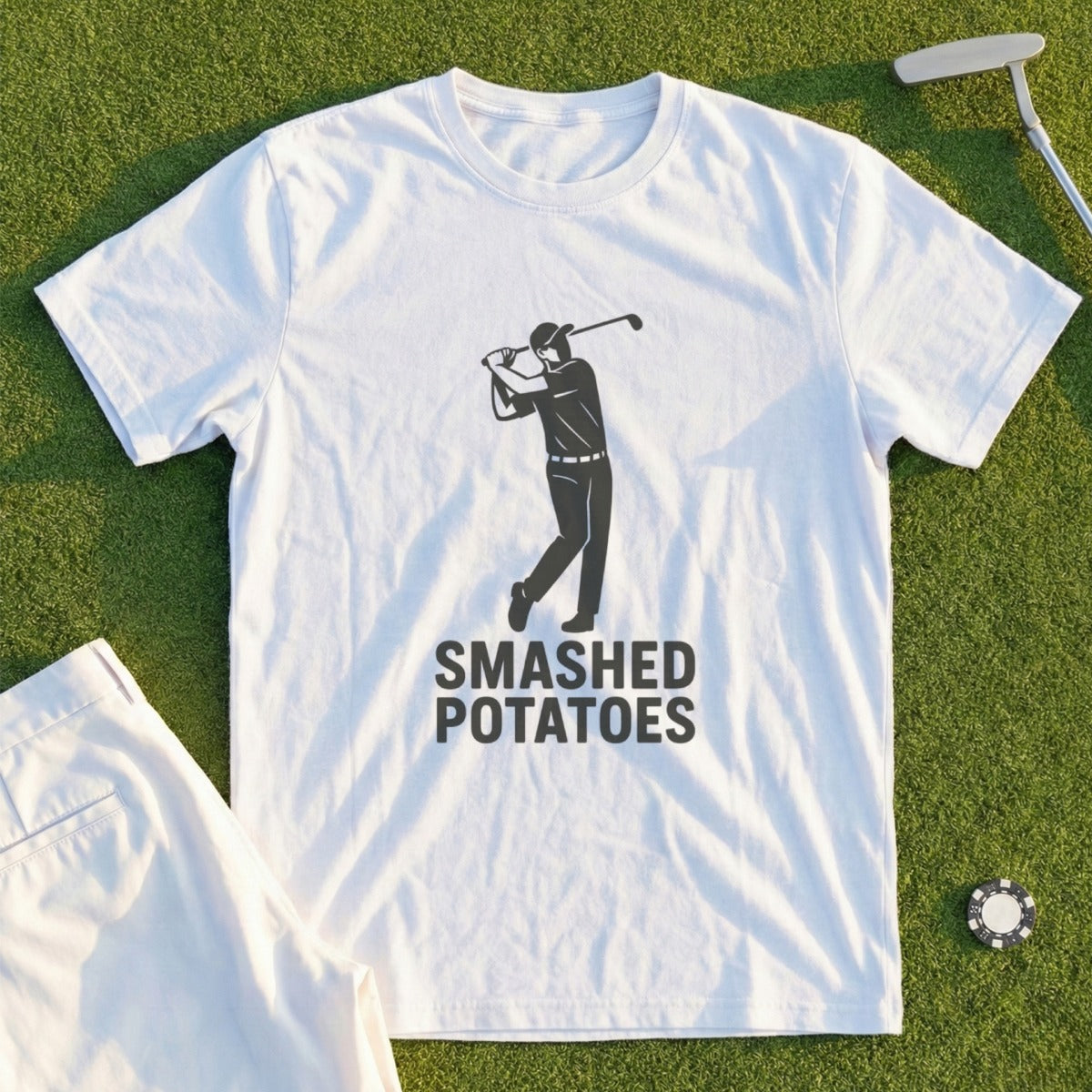 White t-shirt with "SMASHED POTATOES" and golfer graphic.