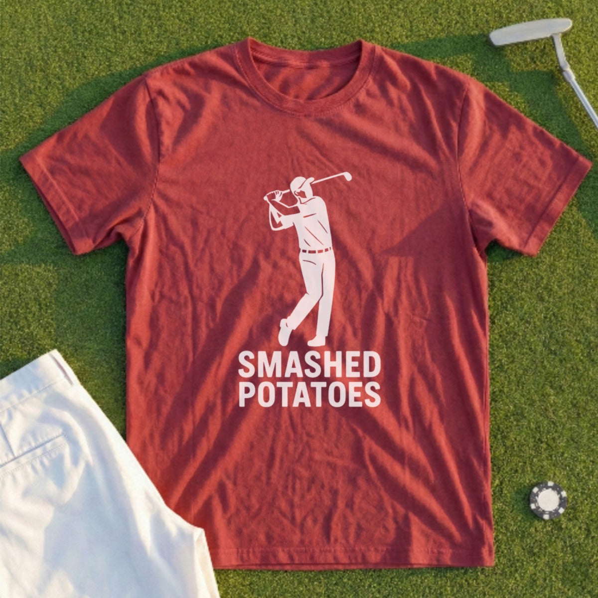 Maroon t-shirt with "SMASHED POTATOES" and a golfer graphic.