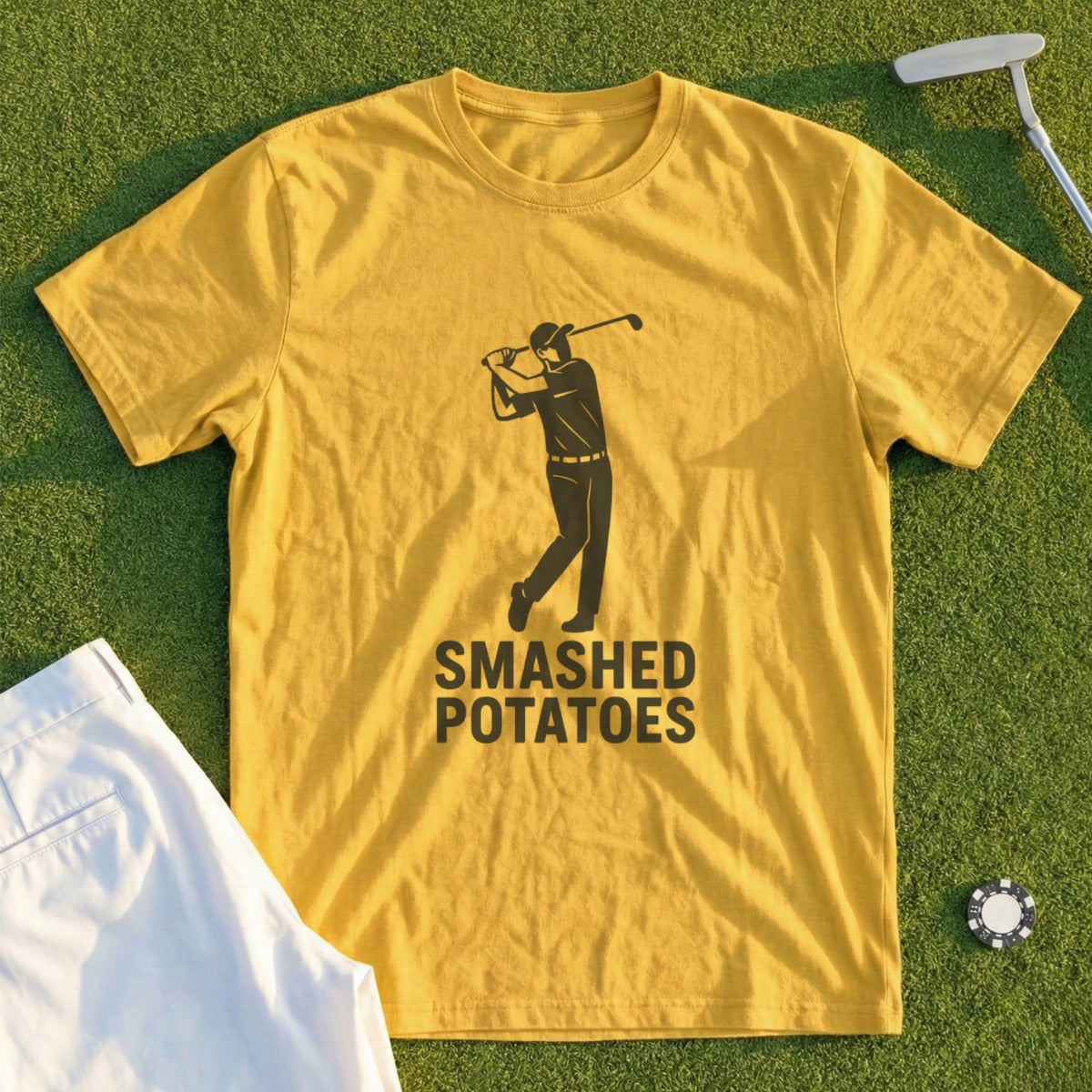 Yellow t-shirt with "SMASHED POTATOES" and golfer graphic.