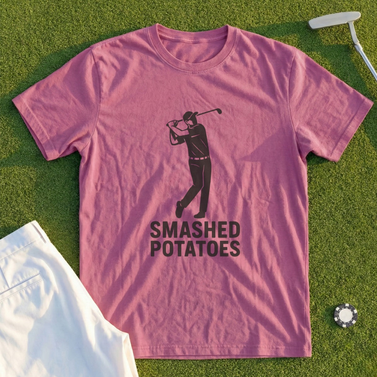 Pink t-shirt with golfer graphic and "SMASHED POTATOES" text.