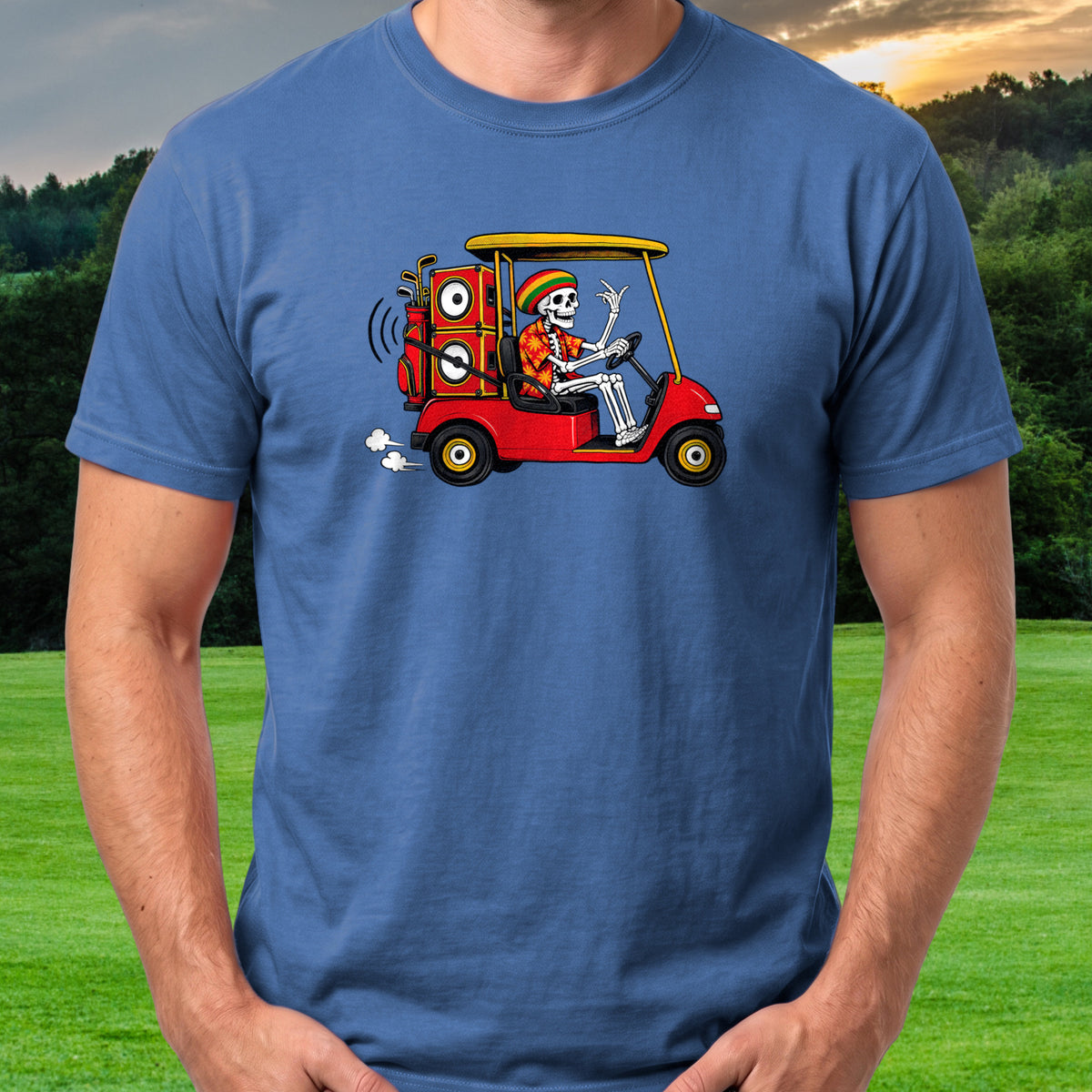 Sound System Cart, Island Skeleton Tee worn on the golf course, Royal