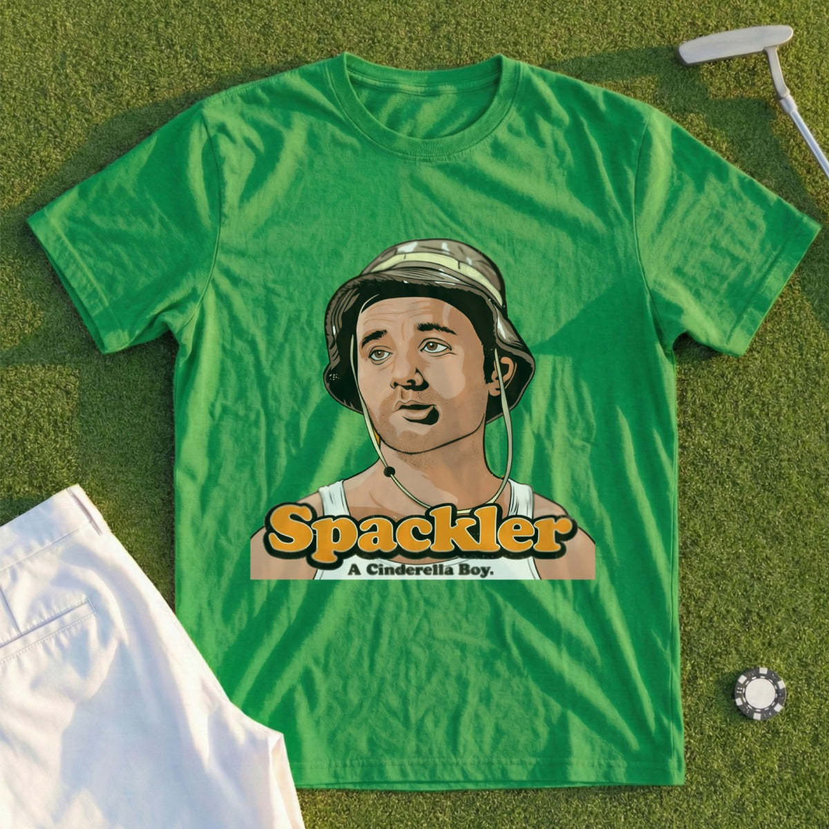 Green t-shirt with cartoon Bill Murray in a bucket hat, text "A Cinderella Boy."