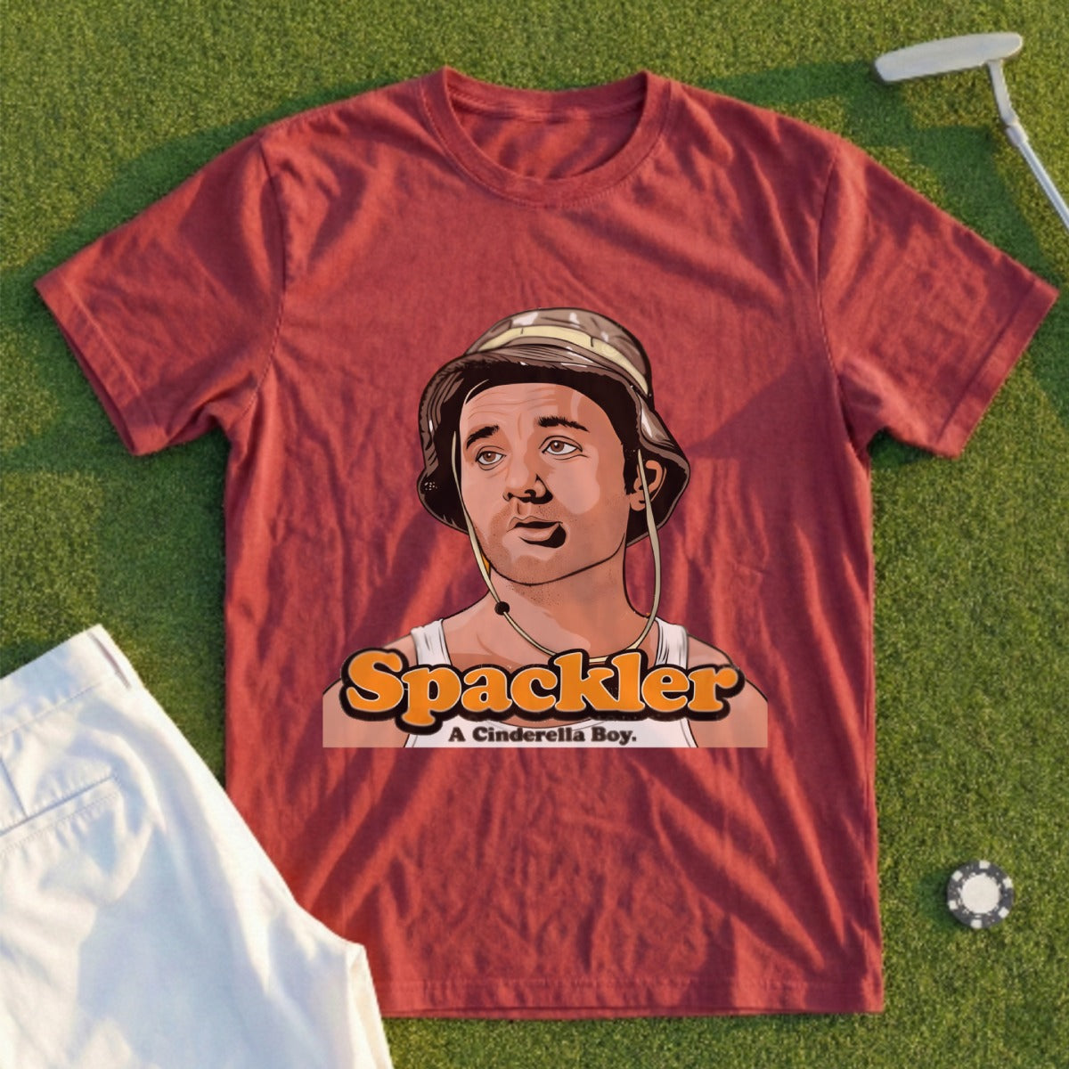 Red t-shirt with cartoon Bill Murray as "Spackler" from Caddyshack.