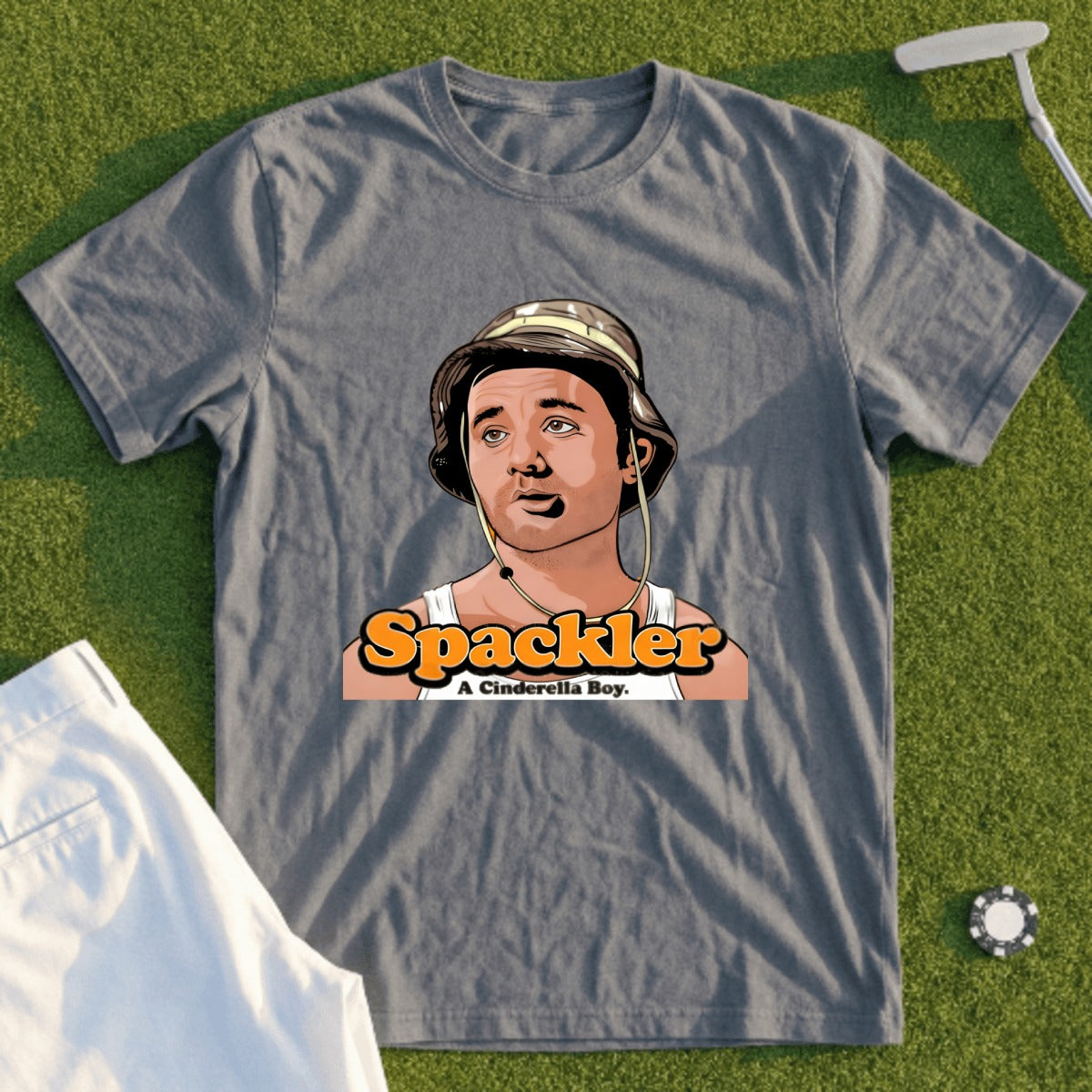 Gray t-shirt featuring a cartoon of Spackler with "A Cinderella Boy" text.