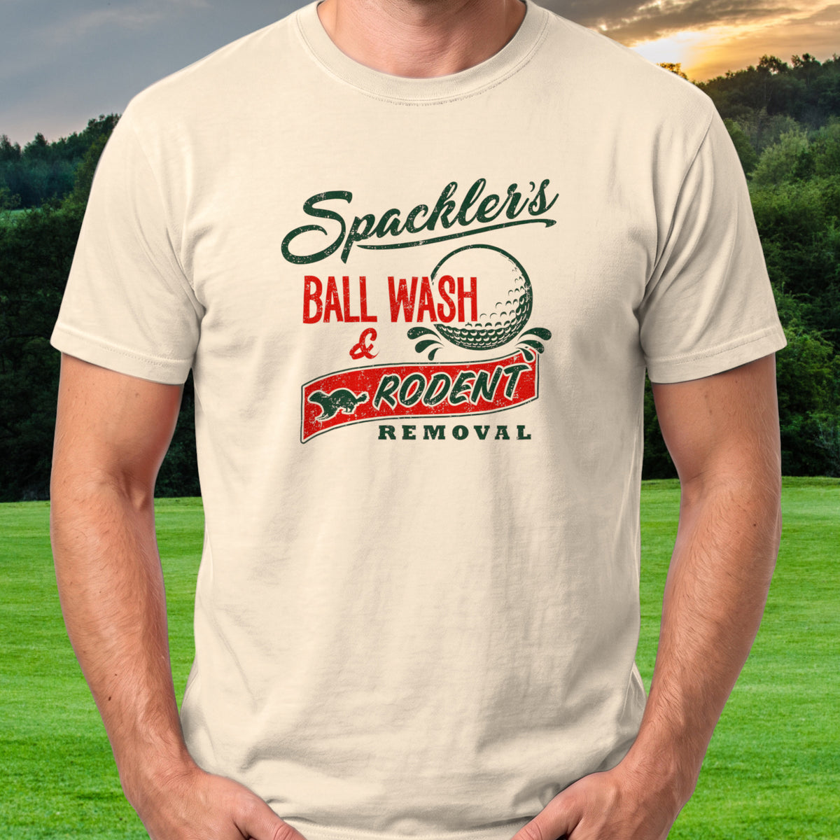 Spackler's Ball Wash Tee worn on the golf course, Natural