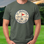 St Andrews, Passport Stamp Tee worn on the golf course, Military Green