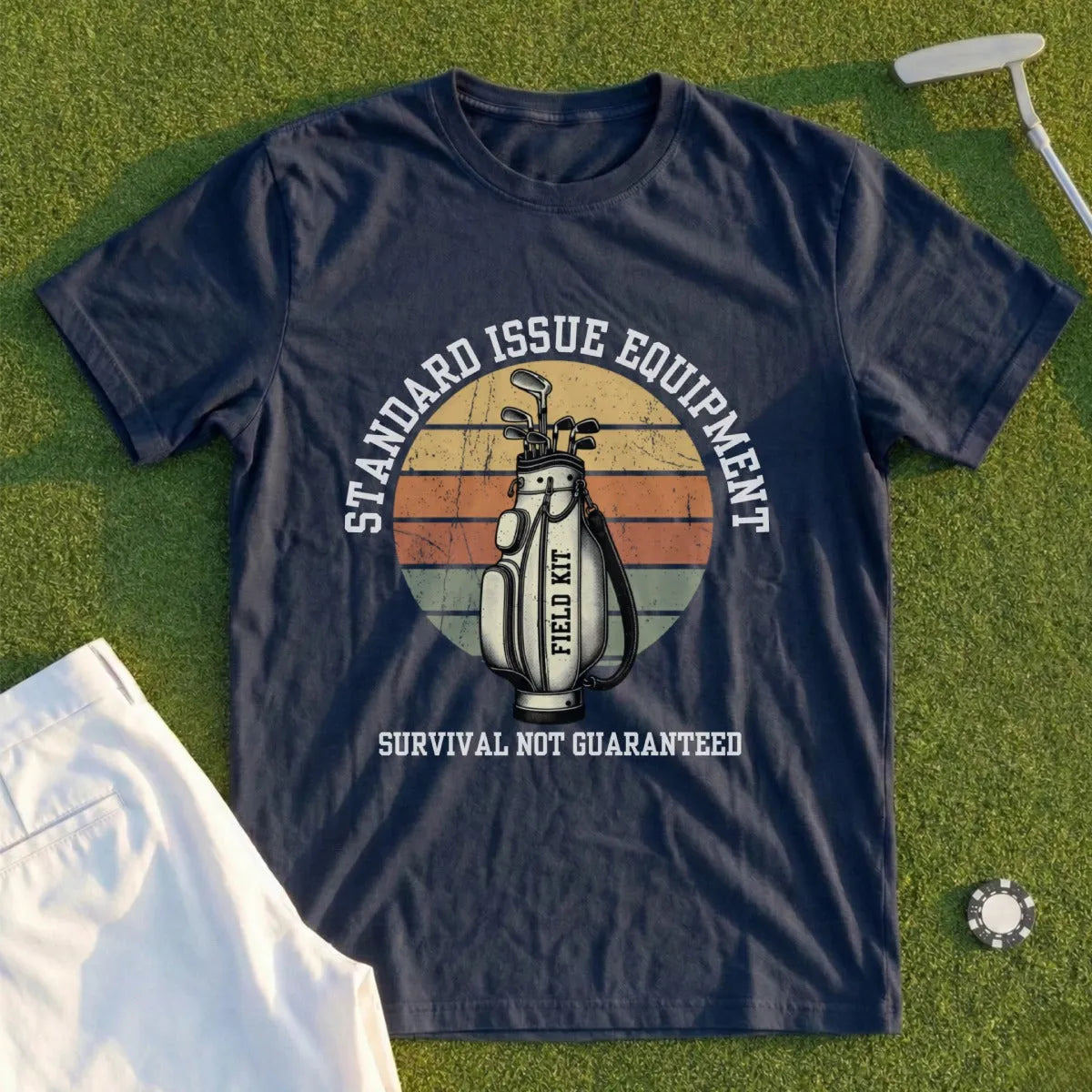 Navy t-shirt with vintage golf bag graphic and text: Standard Issue Equipment, Field Kit, Survival Not Guaranteed.