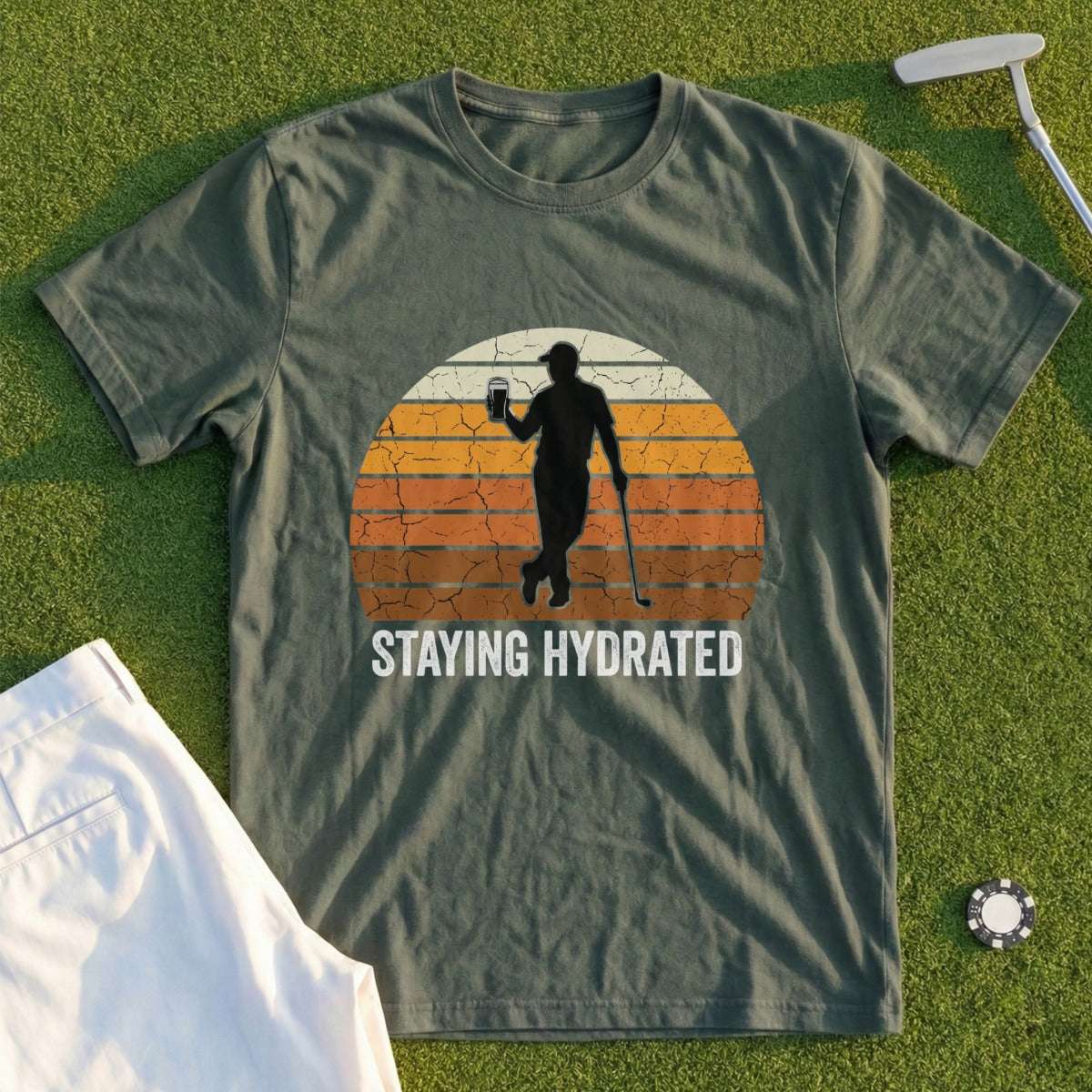 Golfer with drink silhouetted against sunset, "STAYING HYDRATED" text.
