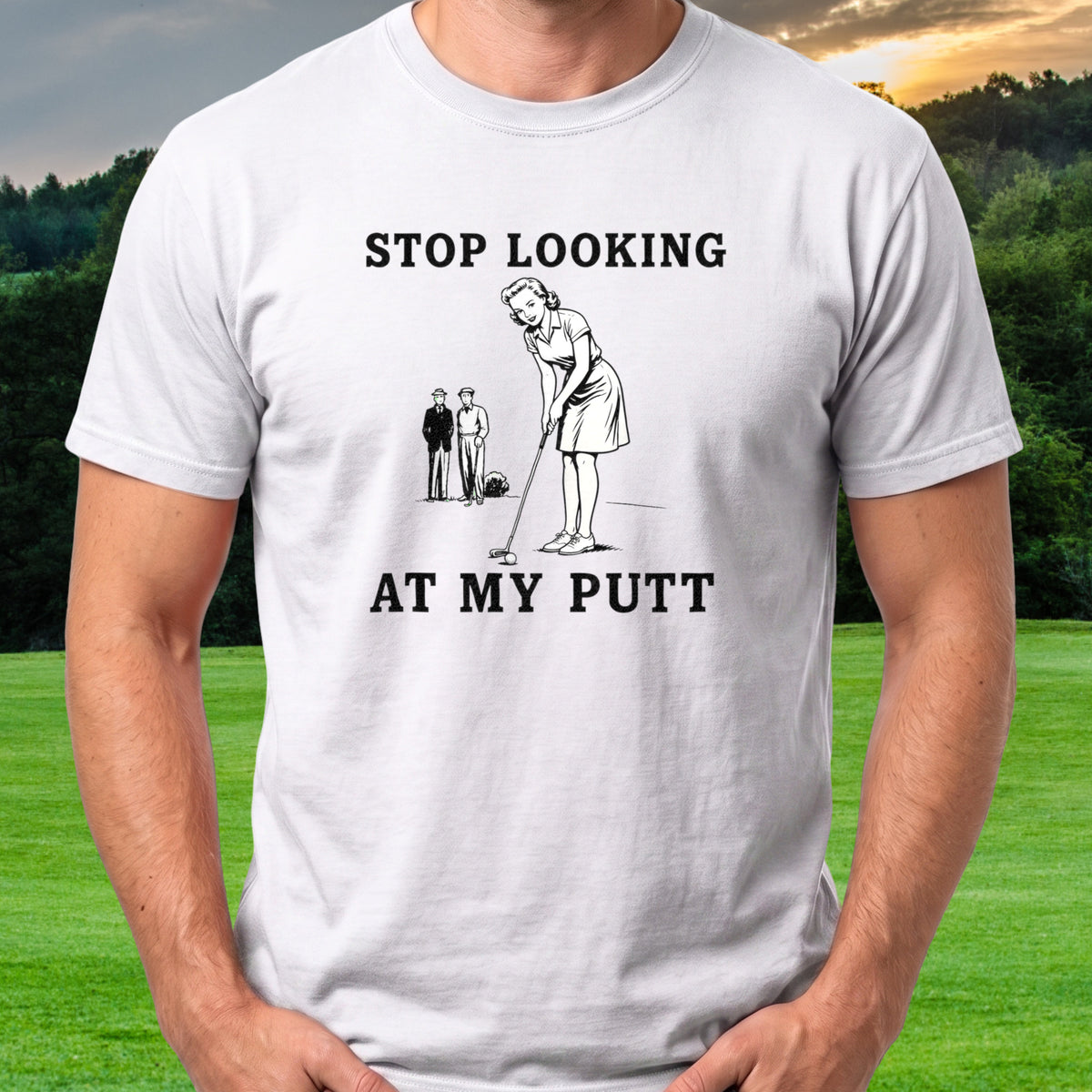 Stop Looking At My Putt Tee worn on the golf course, White