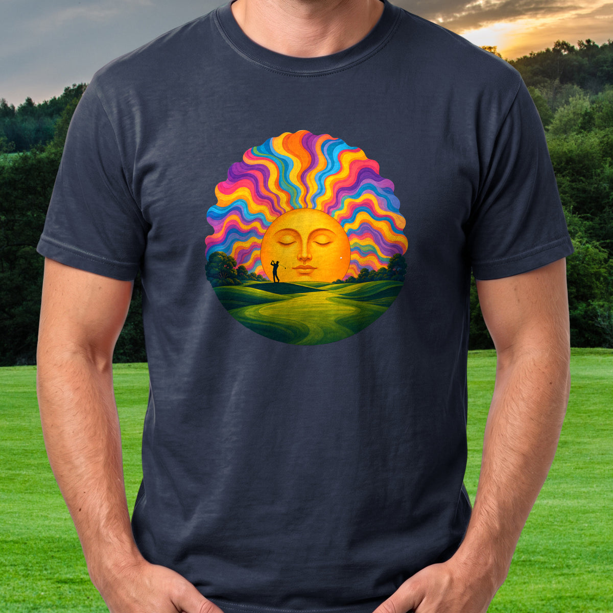 Sunrise Service Tee worn on the golf course, Navy