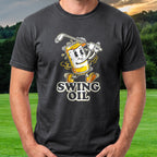 Swing Oil Beer Can Tee worn on the golf course, Black