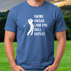 Swing Swear Repeat Tee worn on the golf course, Royal