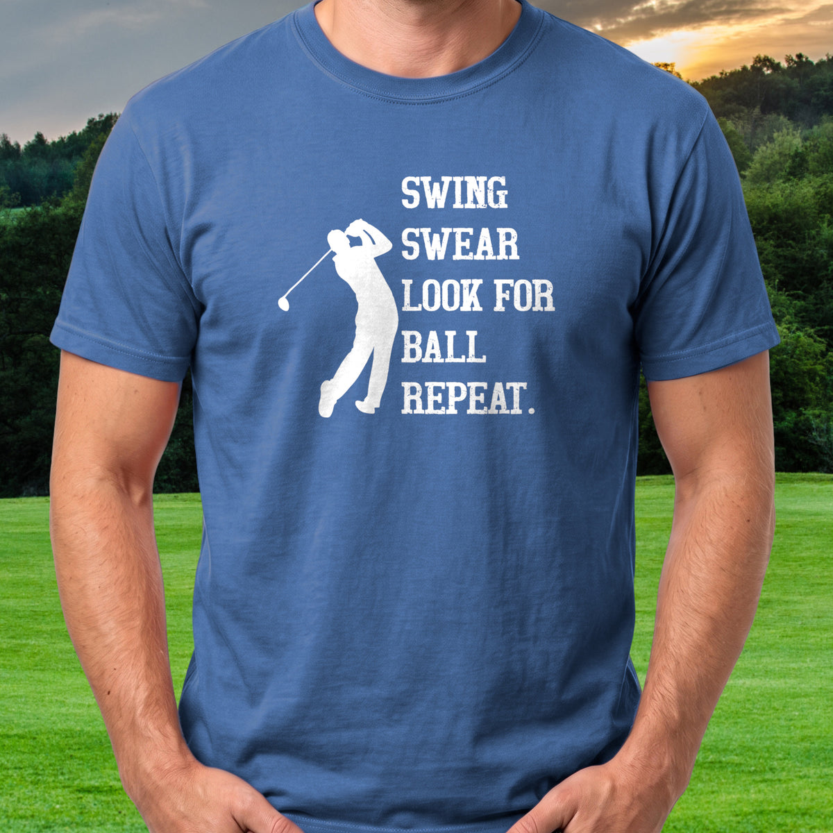 Swing Swear Repeat Tee worn on the golf course, Royal