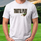THAT'LL PLAY, Divot Stamp Tee worn on the golf course, White