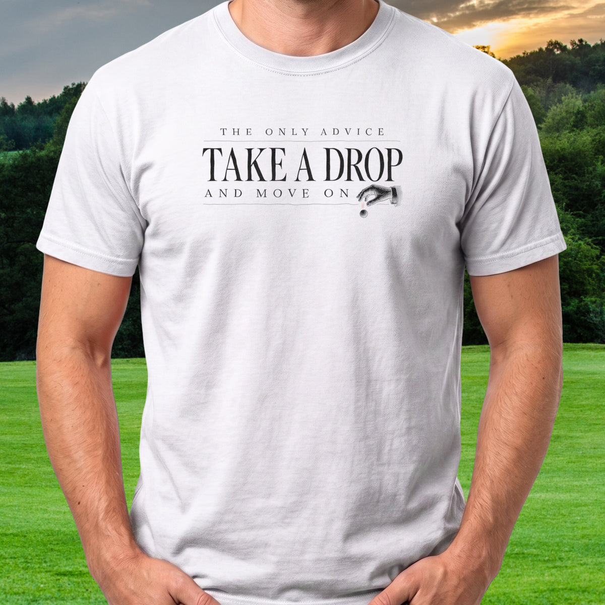 Take A Drop Tee worn on the golf course, White