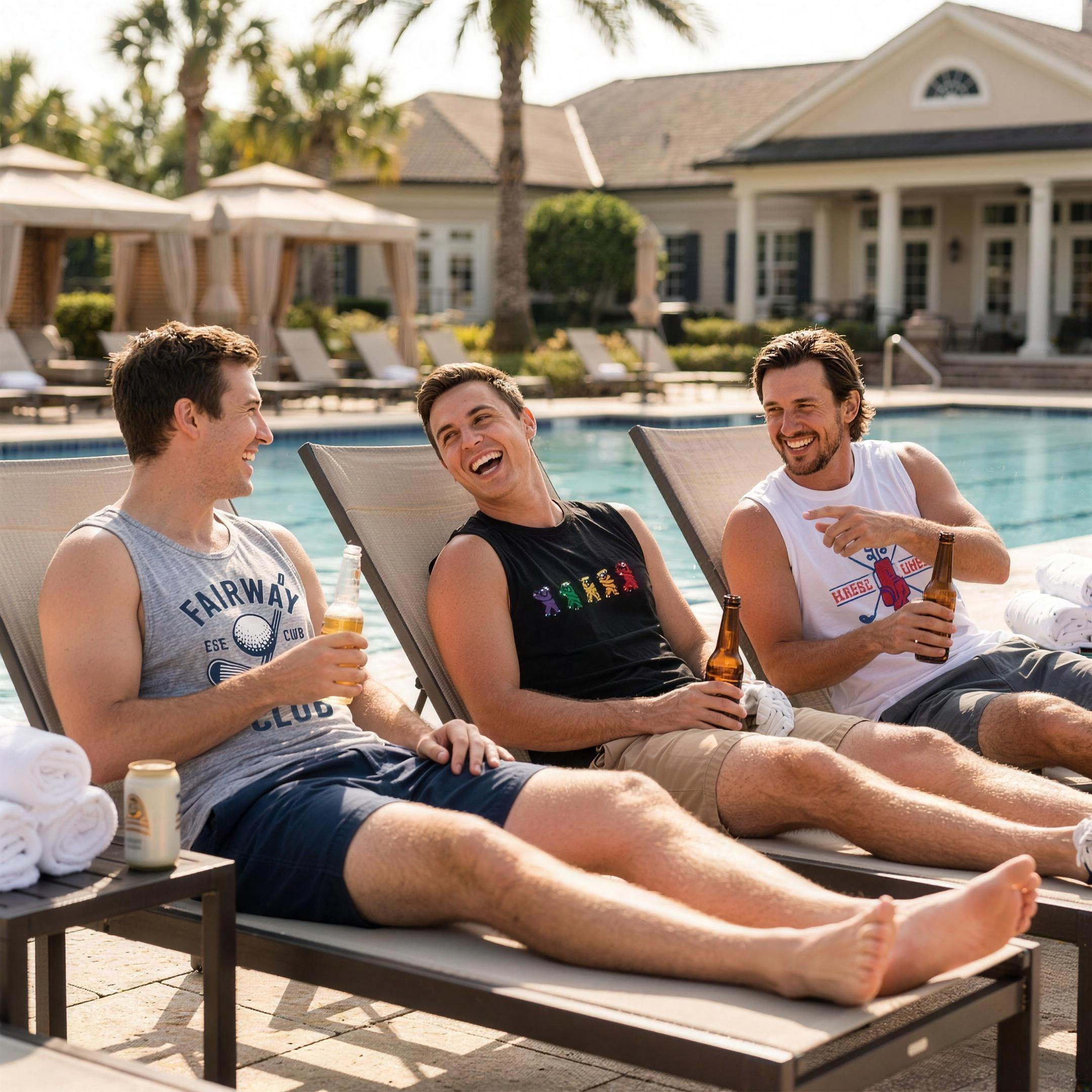 Three friends in Shanked Right tank tops relaxing poolside at a golf resort