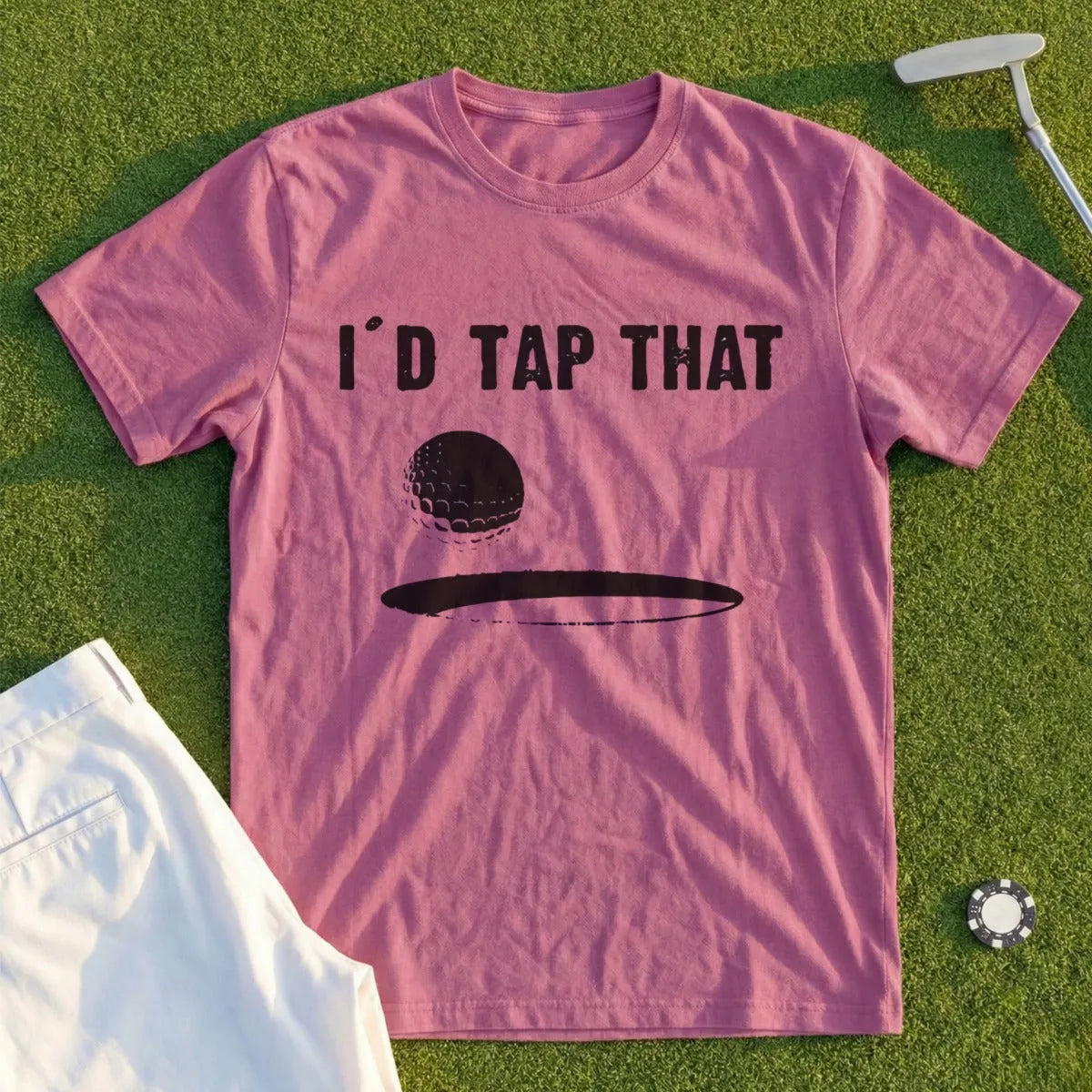 Pink t-shirt with "I'D TAP THAT" text and golf ball design.