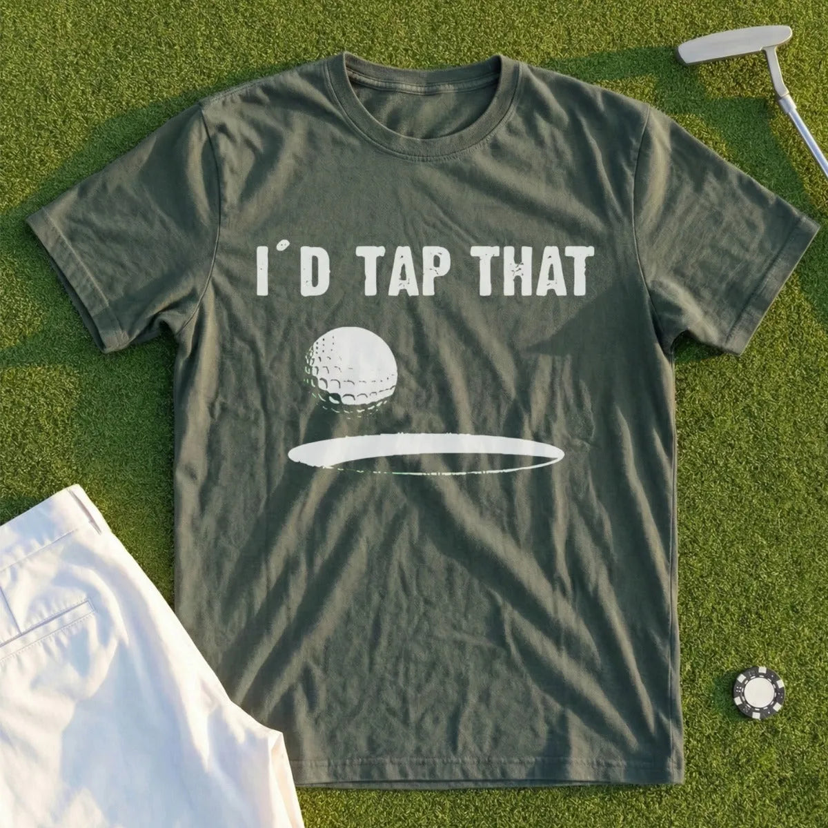 Green t-shirt with "I'D TAP THAT" and golf ball graphic.