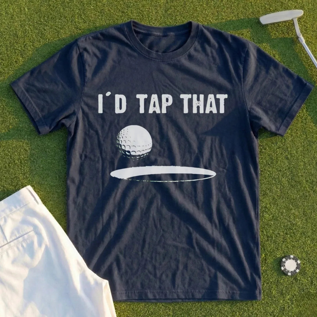 Navy t-shirt with white text "I'D TAP THAT" and a golf ball.