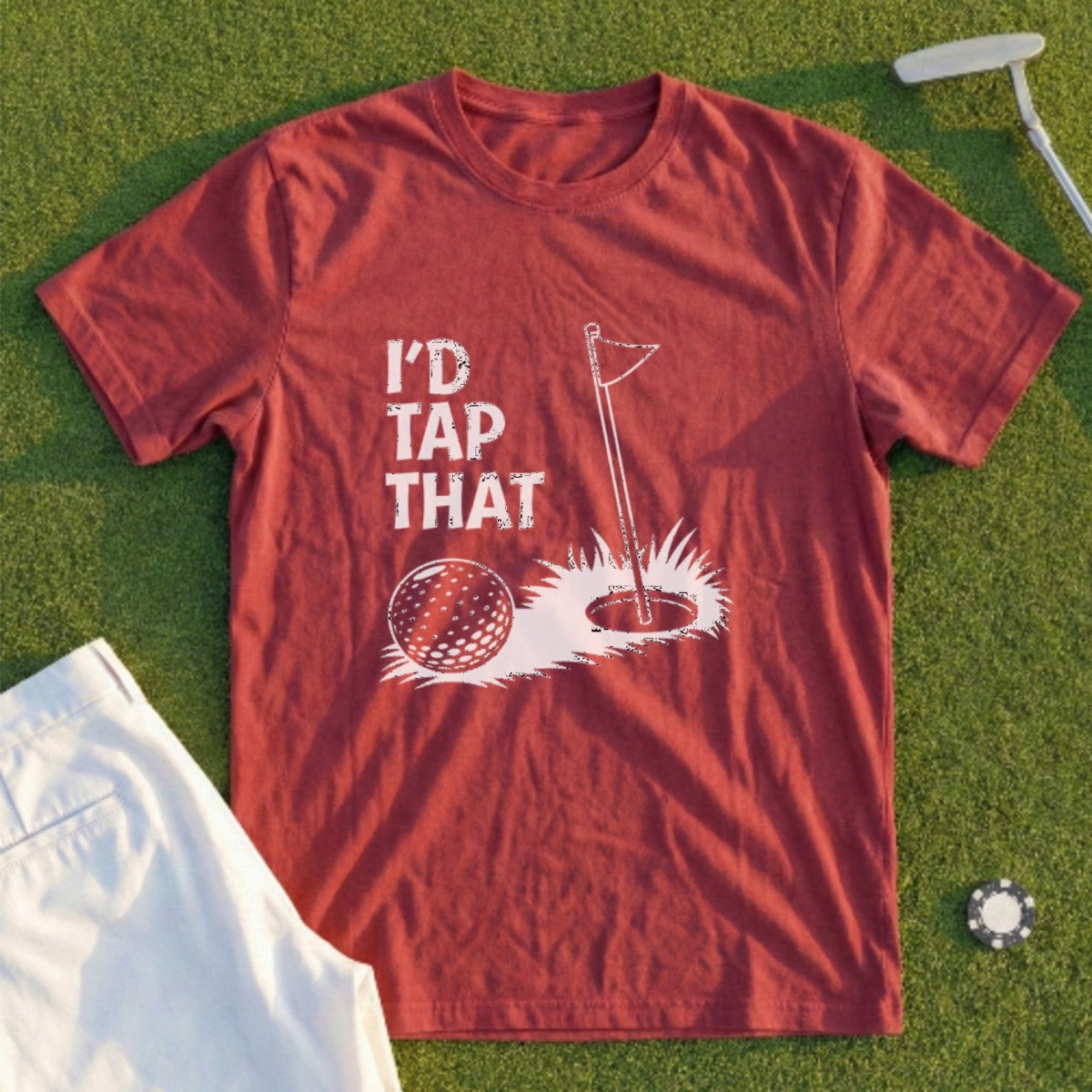 Burgundy t-shirt with "I'd tap that" text and golf graphic.