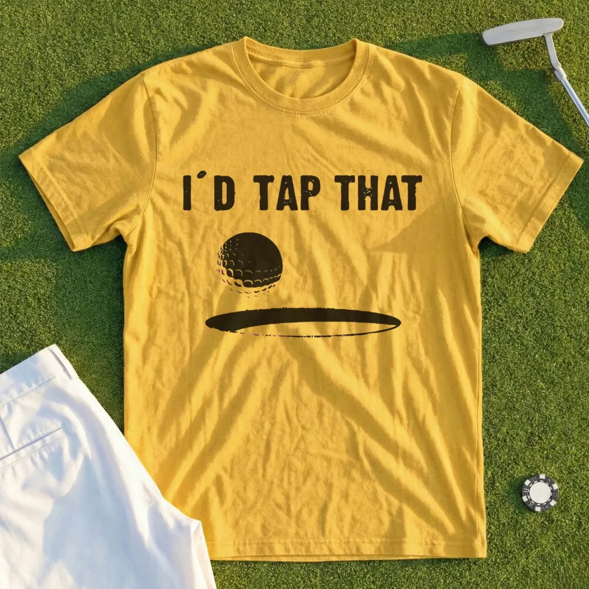 Yellow t-shirt with "I'D TAP THAT" text and a golf ball.