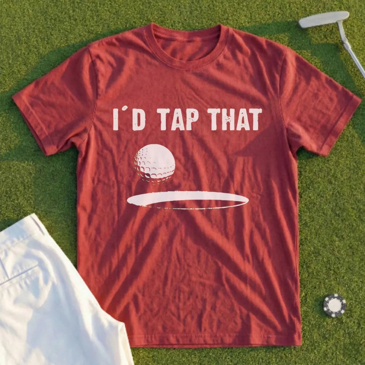 Maroon t-shirt with "I'd Tap That" and a golf ball in a hole.