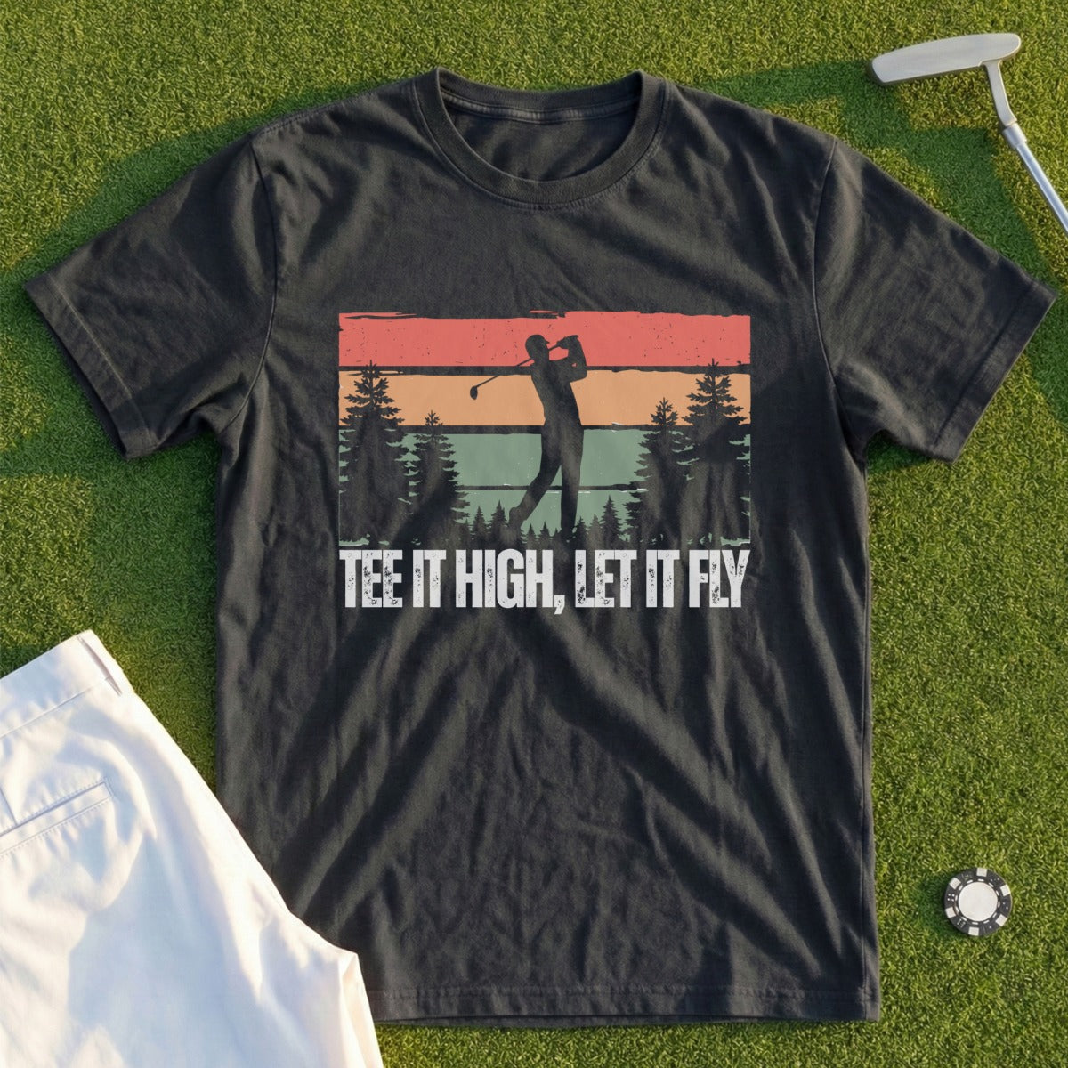 Black t-shirt with golfer silhouette and text "TEE IT HIGH, LET IT FLY."