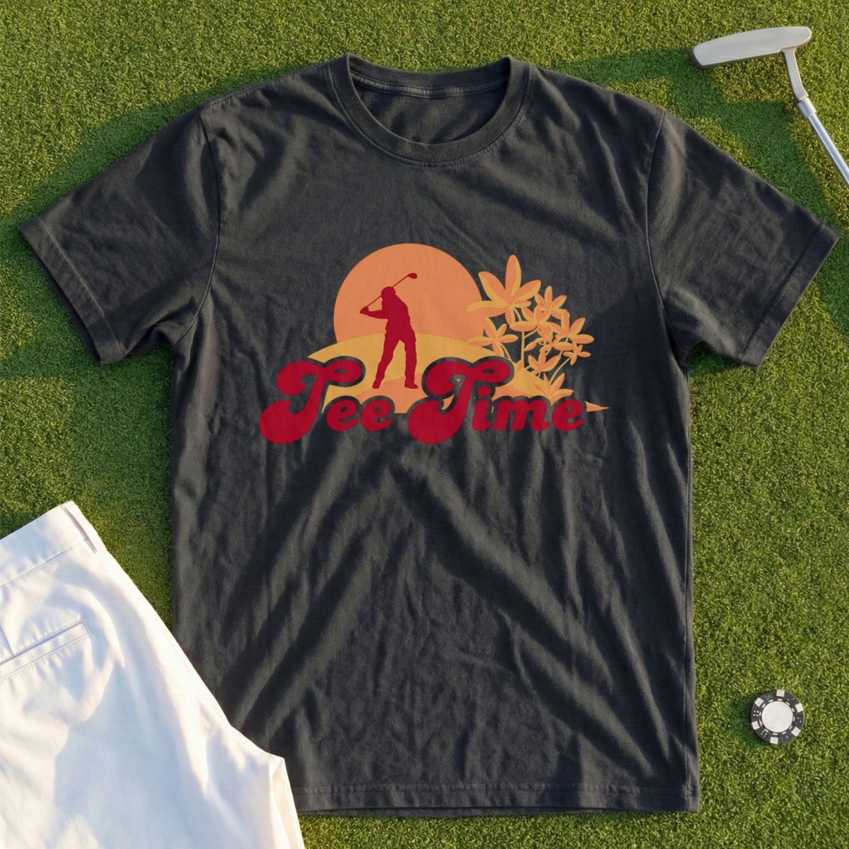 Dark gray t-shirt with "Tee Time" graphic featuring a golfer and sunset.