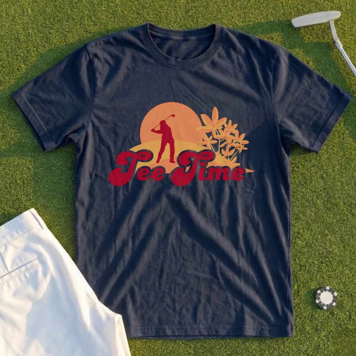 Dark blue t-shirt with "Tee Time" graphic featuring a golfer and sunset design.