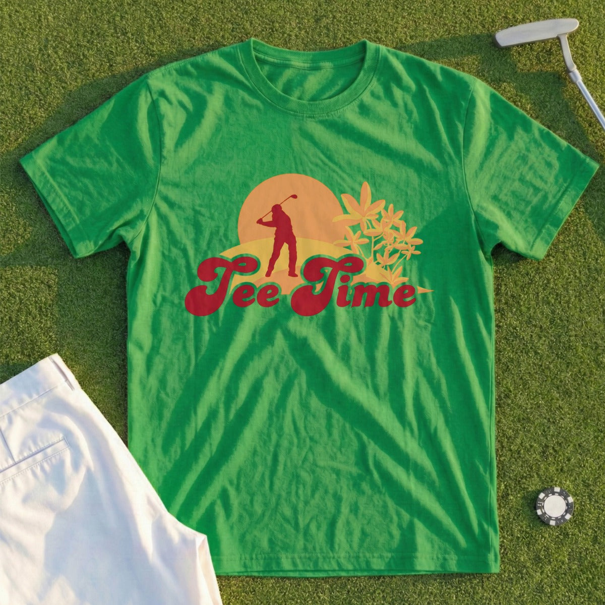 Green t-shirt with "Tee Time" graphic, golf club, and golf ball.