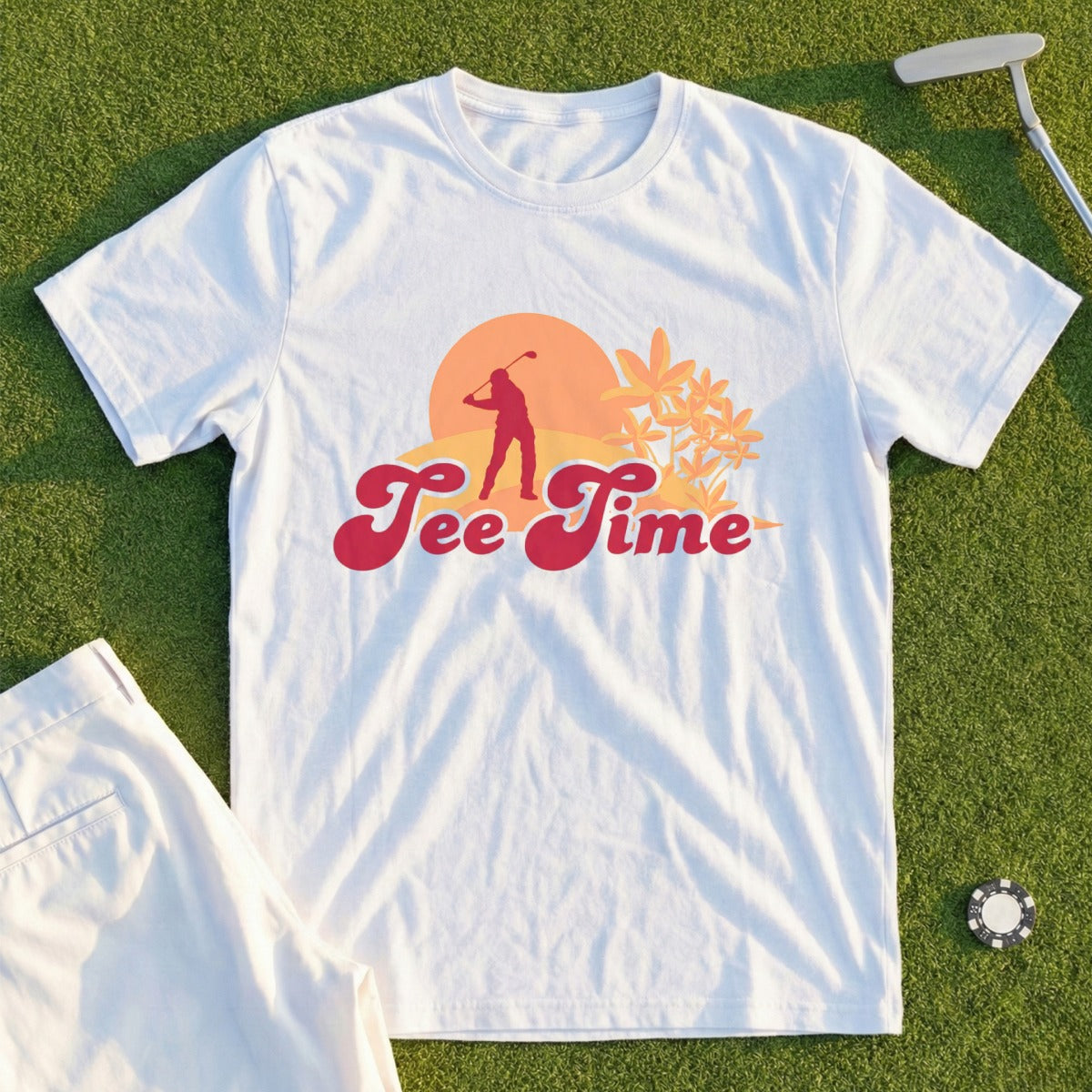 White t-shirt with "Tee Time" graphic featuring a golfer and sun.