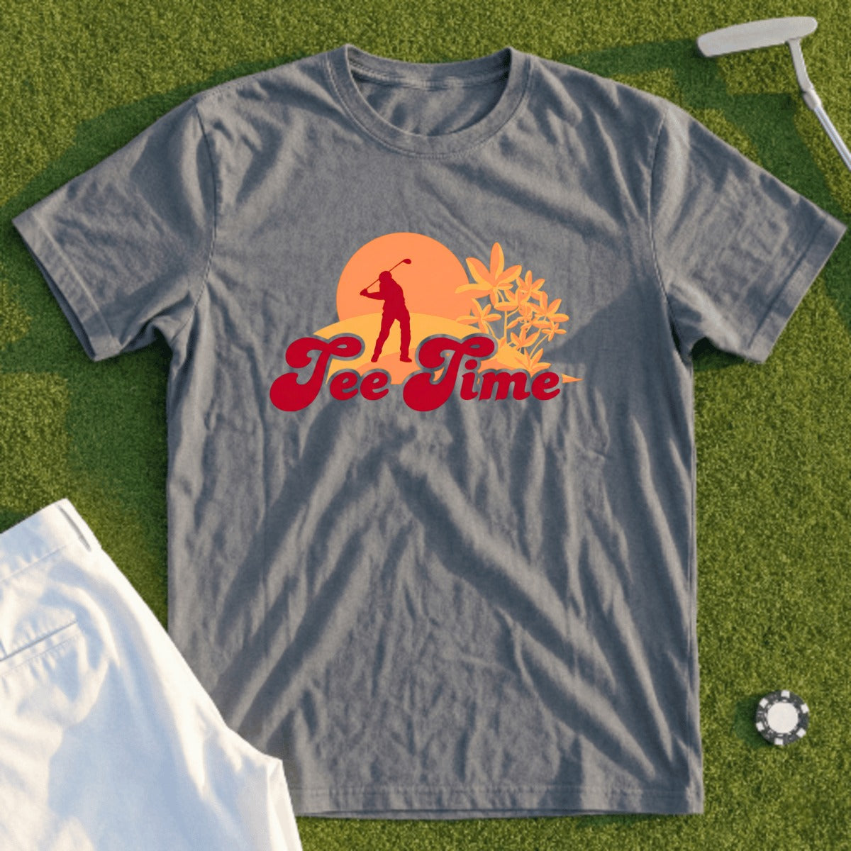 Gray t-shirt with "Tee Time" text, golf elements, and sunset graphic.