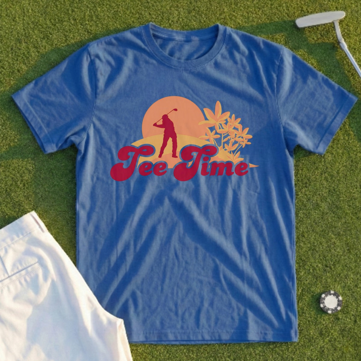 Blue t-shirt with "Tee Time" graphic featuring a golfer and stylized sun.
